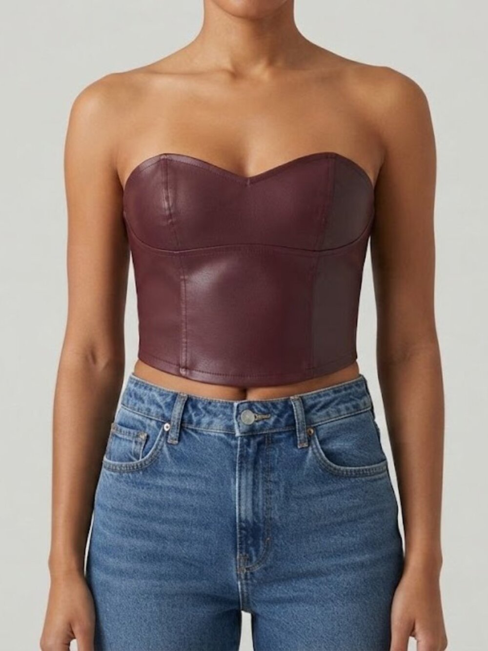 Missguided Burgundy Faux Leather Strapless Crop Top